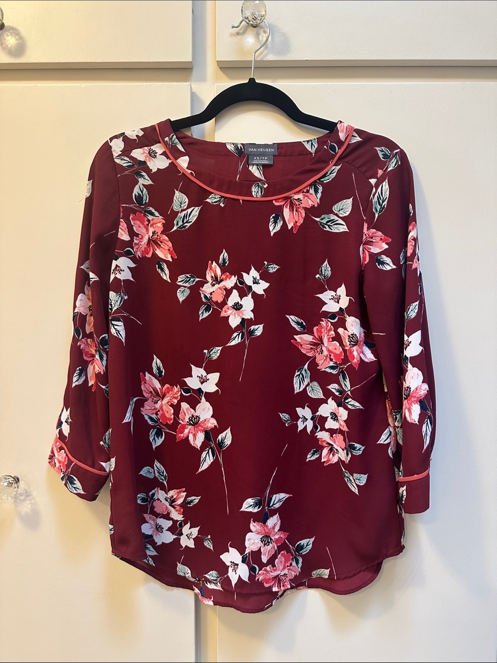Van Heusen Women's Maroon Floral Blouse with Pink Accents